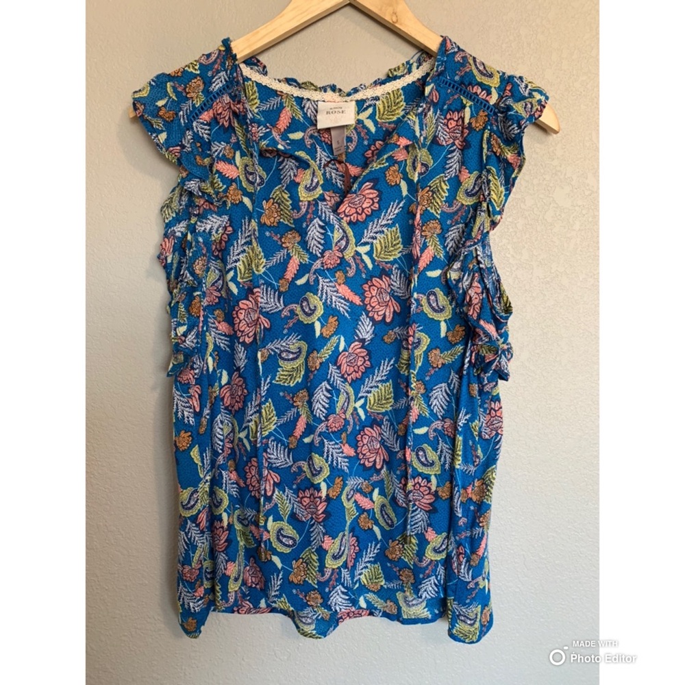 Knox Rose Blue Floral Sleeveless Blouse Small Semi-Sheer Bohemian NWT